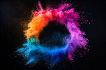  Colored circle of multi-colored powder on a dark background. Holi celebration concept in India