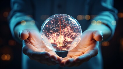 a person holding a crystal ball with glowing veins