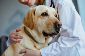 Veterinarian comforting a labrador during a check-up at the clinic