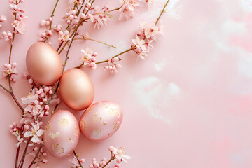 Obraz na płótnie Canvas rose gold dyed easter eggs lying on pink surface with small flowers and twigs. modern easter top view concept on pink background with copy space in trending colors