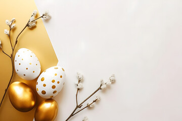 golden dyed easter eggs lying on white surface with small flowers and twigs. modern easter  top view concept on white background with copy space in trending colors - obrazy, fototapety, plakaty