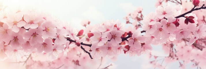 Cherry blossom flower blooming. Pink sakura flower background. Pink cherry blossom, isolated Sakura tree branch. For card, banner, invitation, social media post, poster, mobile apps, advertising.