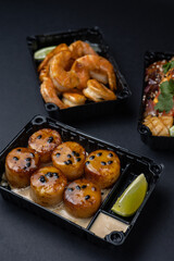 Delicious fried seafood.  Delivery. close up  