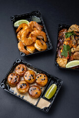 Delicious fried seafood.  Delivery. close up  