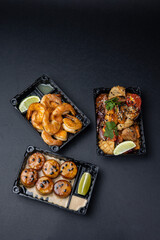 Delicious fried seafood.  Delivery. close up  