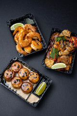 Delicious fried seafood.  Delivery. close up  