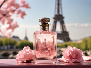 a glass bottle of perfume, in pink tones, near the Eiffel Tower