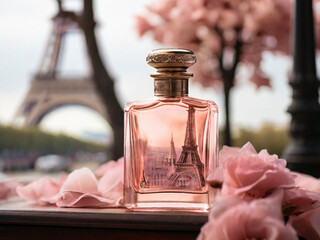 a glass bottle of perfume, in pink tones, near the Eiffel Tower