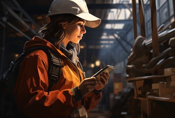 a woman wearing a hard hat and a helmet looking at a cellphone