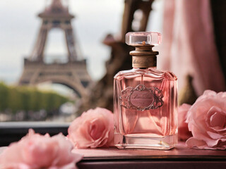 a glass bottle of perfume, in pink tones, near the Eiffel Tower
