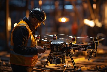 a man in a helmet working on a drone