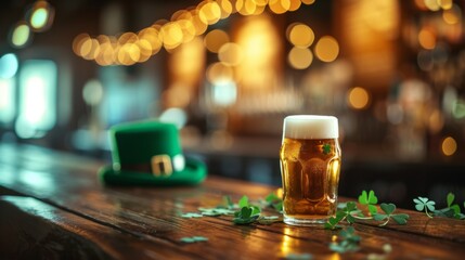 Glass of delicious beer on bar counter with green leprechaun hat, st. patrick's day celebration wit copy space for text - obrazy, fototapety, plakaty