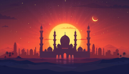 Illustration of the mosque silhouette, and first moon of the month in the sky and behind the mosque sunset view