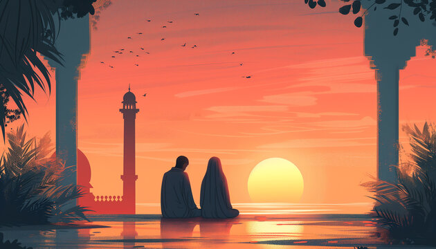 A flat illustration of a Muslim couple sitting on the mosque floor and seeing a sunset view