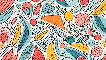 Colorful abstract doodle shape seamless pattern. Creative minimalist style art background, trendy design with basic shapes. Modern color backdrop.