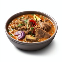 a tuna fish curry is a traditional dish from padang indonesia, studio light , isolated on white background