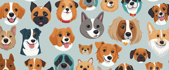 Obraz premium Funny dog animal head icon cartoon set in quirky colorful flat illustration style. Cute doggy pet face collection, diverse domestic dogs.
