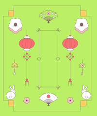 Green Chinese Spring festival background. Set of vector elements in Asian style. Japanese style. Decoration set. Vector illustration