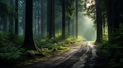 Moody and tranquil forest trail in the early morning