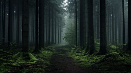 Moody forest with ethereal mist