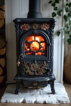 cast-iron stove in a rustic house with a fire lit inside to heat the house