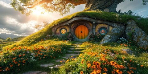 A charming village with underground houses, green roofs, and a picturesque landscape.