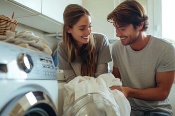 A young couple's faces show exhaustion as they stare at the pile of dirty laundry in front of the washing machine, their only ally in the never-ending battle against household chores - obrazy, fototapety, plakaty