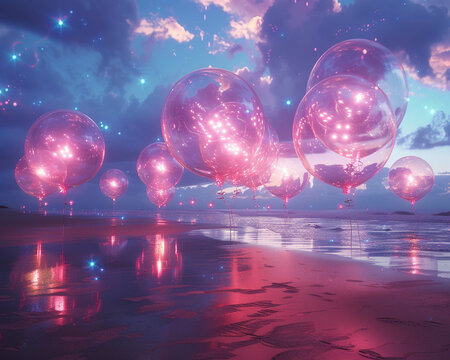 A beach scene with balloons not just filled with air but with holographic light