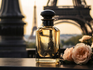a glass bottle of perfume, in black tones, near the Eiffel Tower, golden time