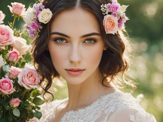 Obraz premium Beautiful girl with flowers. Stunning brunette girl. wedding concept