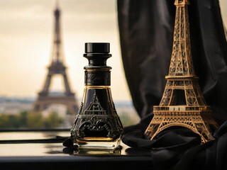 a glass bottle of perfume, in black tones, near the Eiffel Tower, golden time