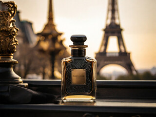 a glass bottle of perfume, in black tones, near the Eiffel Tower, golden time