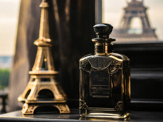 a glass bottle of perfume, in black tones, near the Eiffel Tower, golden time