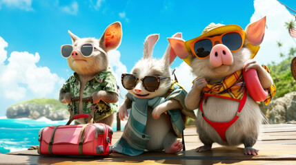 Funny animals in the beach sea on summer vacation holidays, wearing r sunglasses. Cool animals with sunglasses and hat on the beach. summer traveling concept.