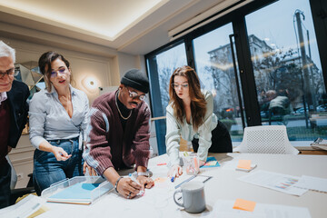 Diverse multigenerational team collaborating at business meeting.