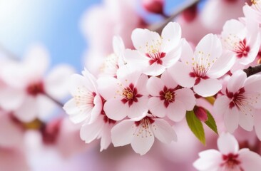 Cherry blossom flower blooming. Pink sakura flower background. Pink cherry blossom, isolated Sakura tree branch. For card, banner, invitation, social media post, poster, mobile apps, advertising.