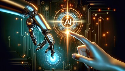 Fototapeta na wymiar AI interaction depicted with a robotic and human hand connection, symbolizing AI intelligence, human-AI synergy, AI-driven future.