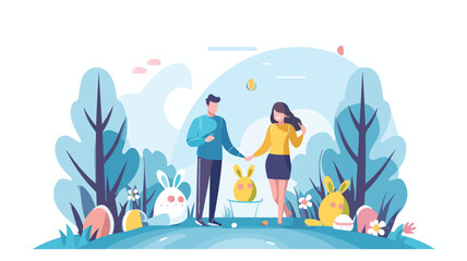 Easter egg hunting 2D linear illustration.