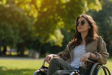 Young woman in wheelchair in the park - obrazy, fototapety, plakaty