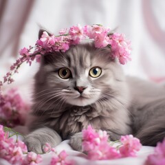 beautiful gray cat in a crown of pink flowers hd wallpaper