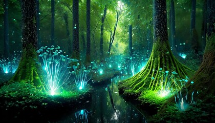 Fantasy forest with magic shimmering lights