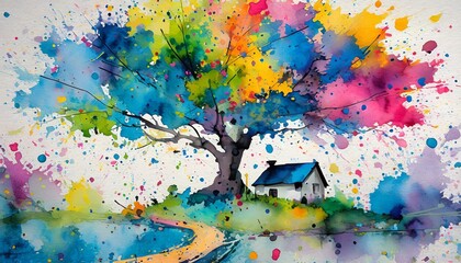 A colorful aquarelle  landscape-like illustration with a large tree in the center of the composition and a small cozy house under it