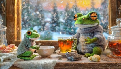  cute wool felted realistic frogs are having tea in a cozy fairytale kitchen with a winter landscape  outside the window