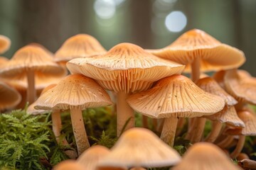 A vibrant community of edible and medicinal mushrooms thrives in the autumn moss, including the distinct agaricus and shiitake varieties alongside the earthy russula integra and delicate pleurotus er - obrazy, fototapety, plakaty