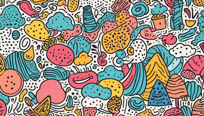Fun colorful line doodle seamless pattern. Creative minimalist style art background for children or trendy design with basic shapes. Simple childish scribble backdrop.