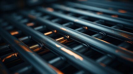 The image showcases a series of parallel metallic bars arranged in a tight, repeating pattern, with a shallow depth of field emphasizing the detail on the closest bars. A distinct color gradient moves