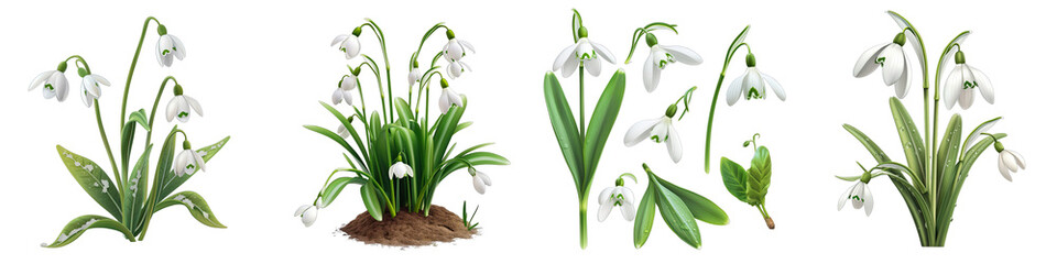 snowdrops and green leaves Hyperrealistic Highly Detailed Isolated On Transparent Background Png File