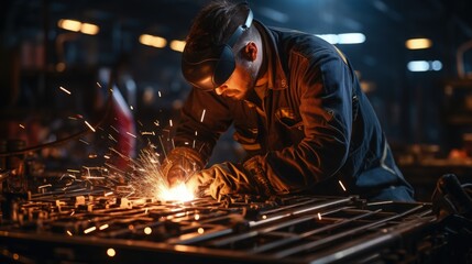In the image, an individual is seen engaged in welding, focusing closely on the metal pieces he is joining. The welder is wearing protective gear, including a welding helmet, gloves, and a dark work j