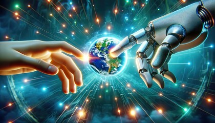 AI, the core of smart robotics, connects with humanity; AI's intelligence manifests in technology, a human hand links with AI, symbolizing the depth of Artificial Intelligence.
