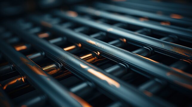 The image showcases a series of parallel metallic bars arranged in a tight, repeating pattern, with a shallow depth of field emphasizing the detail on the closest bars. A distinct color gradient moves